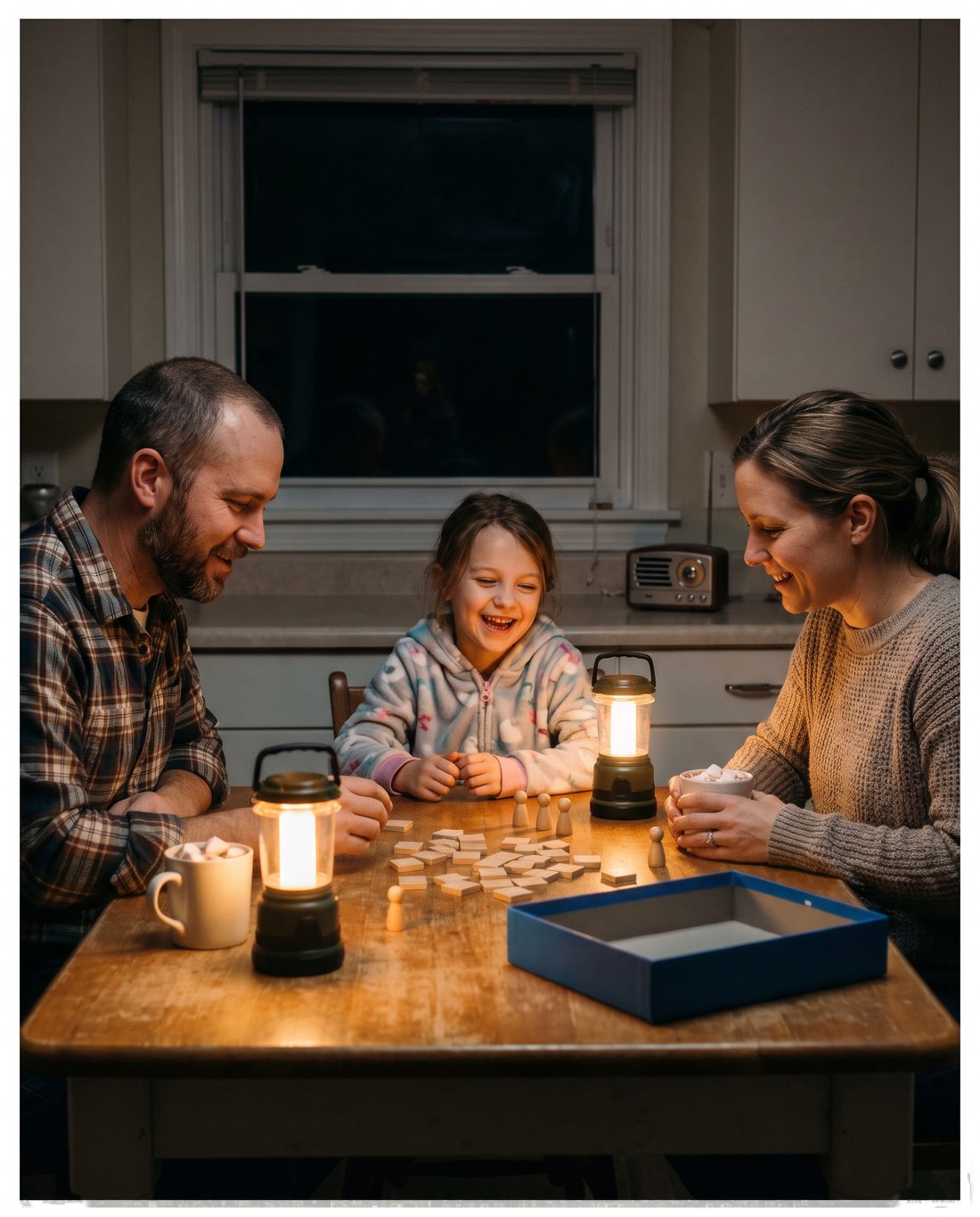 A family calmly playing a game by lantern light during a blackout