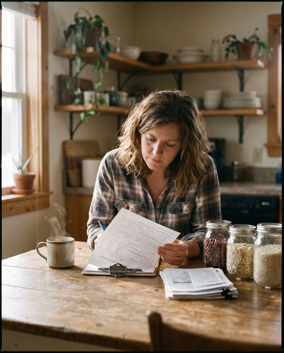 A woman calmly filling out a household planning worksheet at her kitchen table