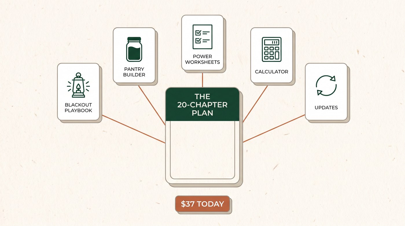 Everything included: the 20-chapter plan at the center, connected to the Blackout Playbook, Pantry Builder, Power Worksheets, Calculator, and Updates — $37 today