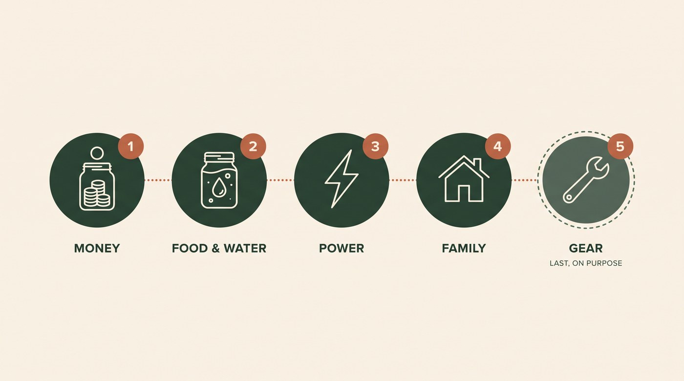 The Ready by Tuesday order, as a 5-step diagram: 1 Money, 2 Food and Water, 3 Power, 4 Family, 5 Gear — last, on purpose