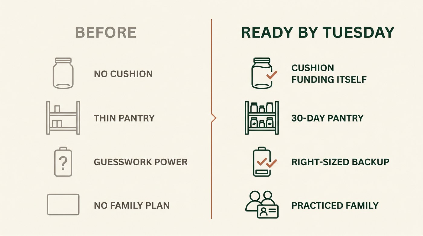 Before: no cushion, thin pantry, guesswork power, no family plan. Ready by Tuesday: cushion funding itself, 30-day pantry, right-sized backup, practiced family